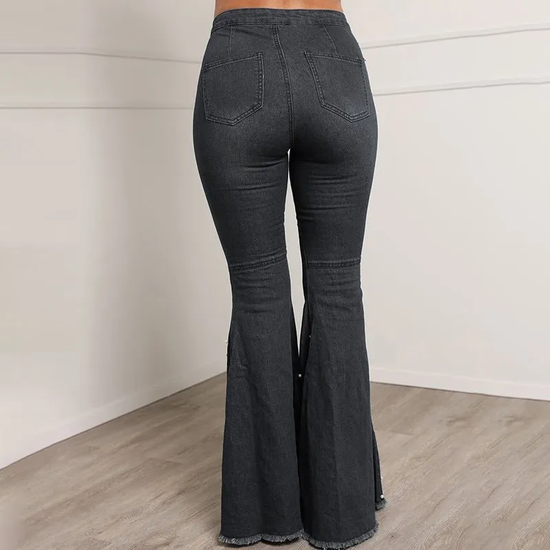 Vibrant High Waist Women’s Flare Denim Jeans with Beads