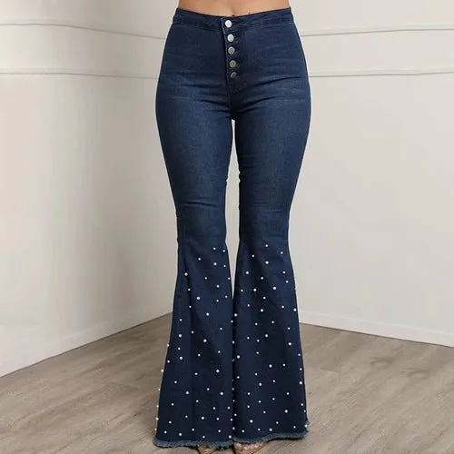 Vibrant High Waist Women’s Flare Denim Jeans with Beads