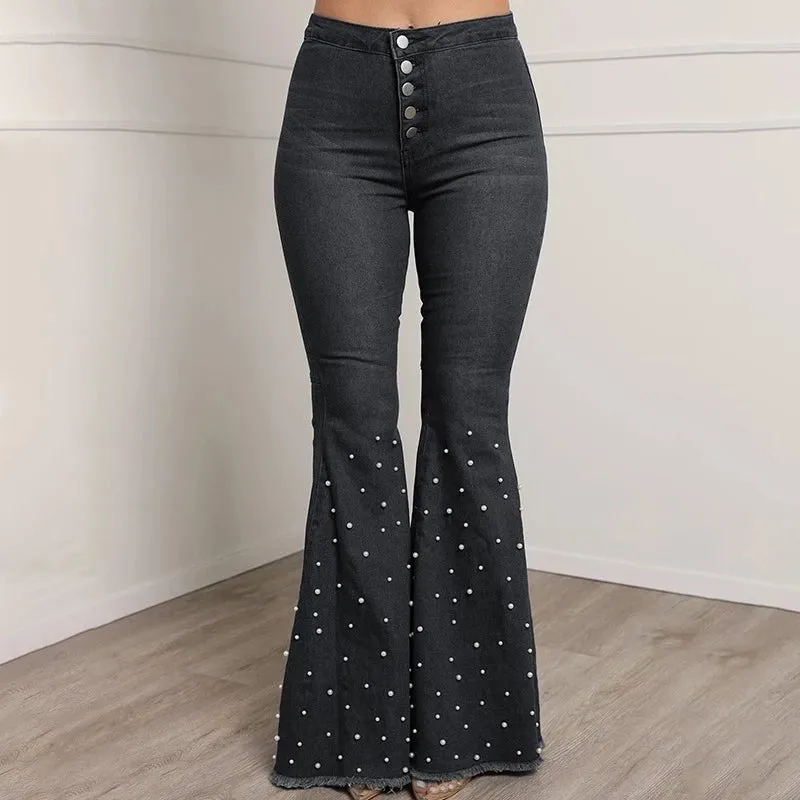 Vibrant High Waist Women’s Flare Denim Jeans with Beads