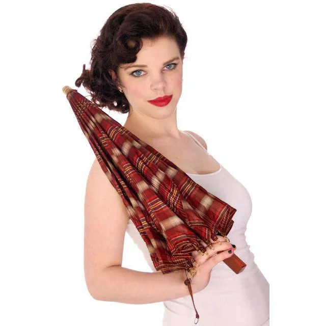 Vintage Plaid  Umbrella Parasol w/Amber Lucite Handle 1940s Cherry!