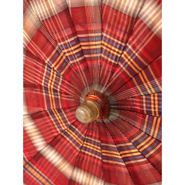 Vintage Plaid  Umbrella Parasol w/Amber Lucite Handle 1940s Cherry!
