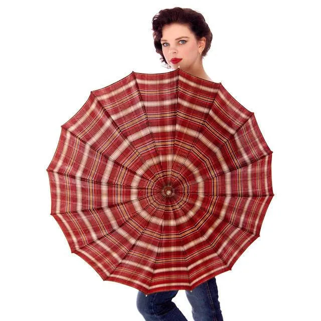 Vintage Plaid  Umbrella Parasol w/Amber Lucite Handle 1940s Cherry!
