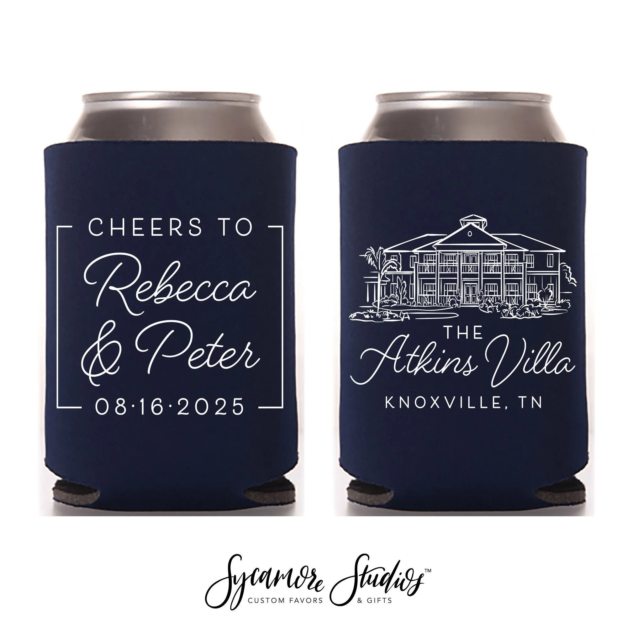 Wedding Can Cooler #228R - Custom Venue Illustration