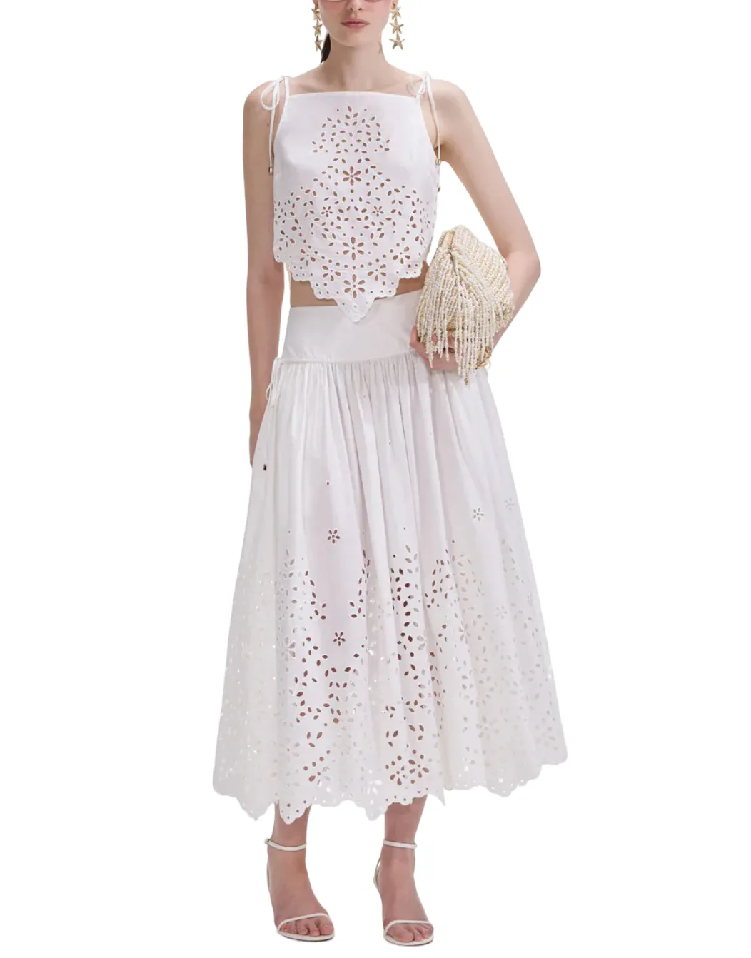 White Cotton Embroidered Midi Skirt
