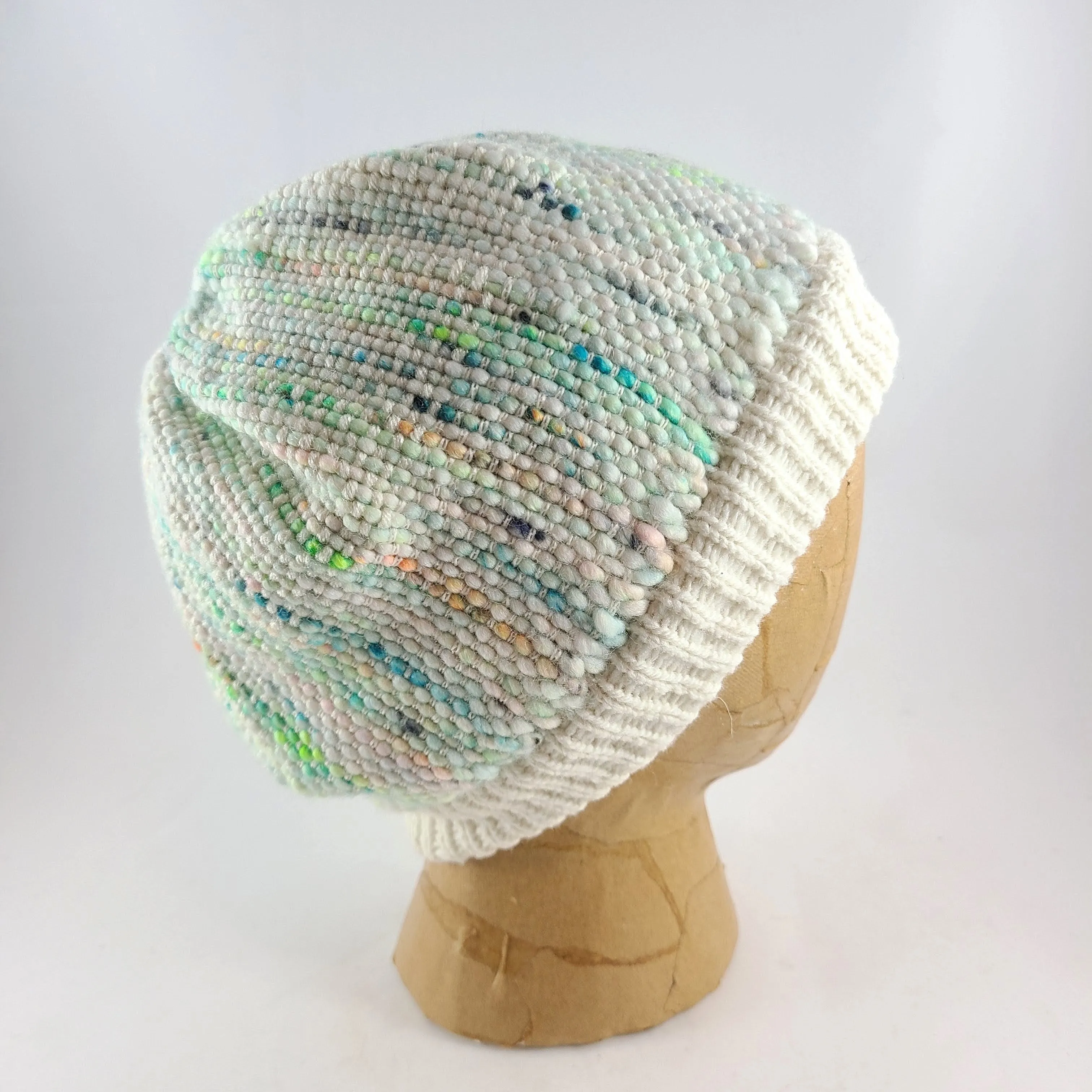 Woven Knit Hat, Ivory and Neon Cashmere Beanie