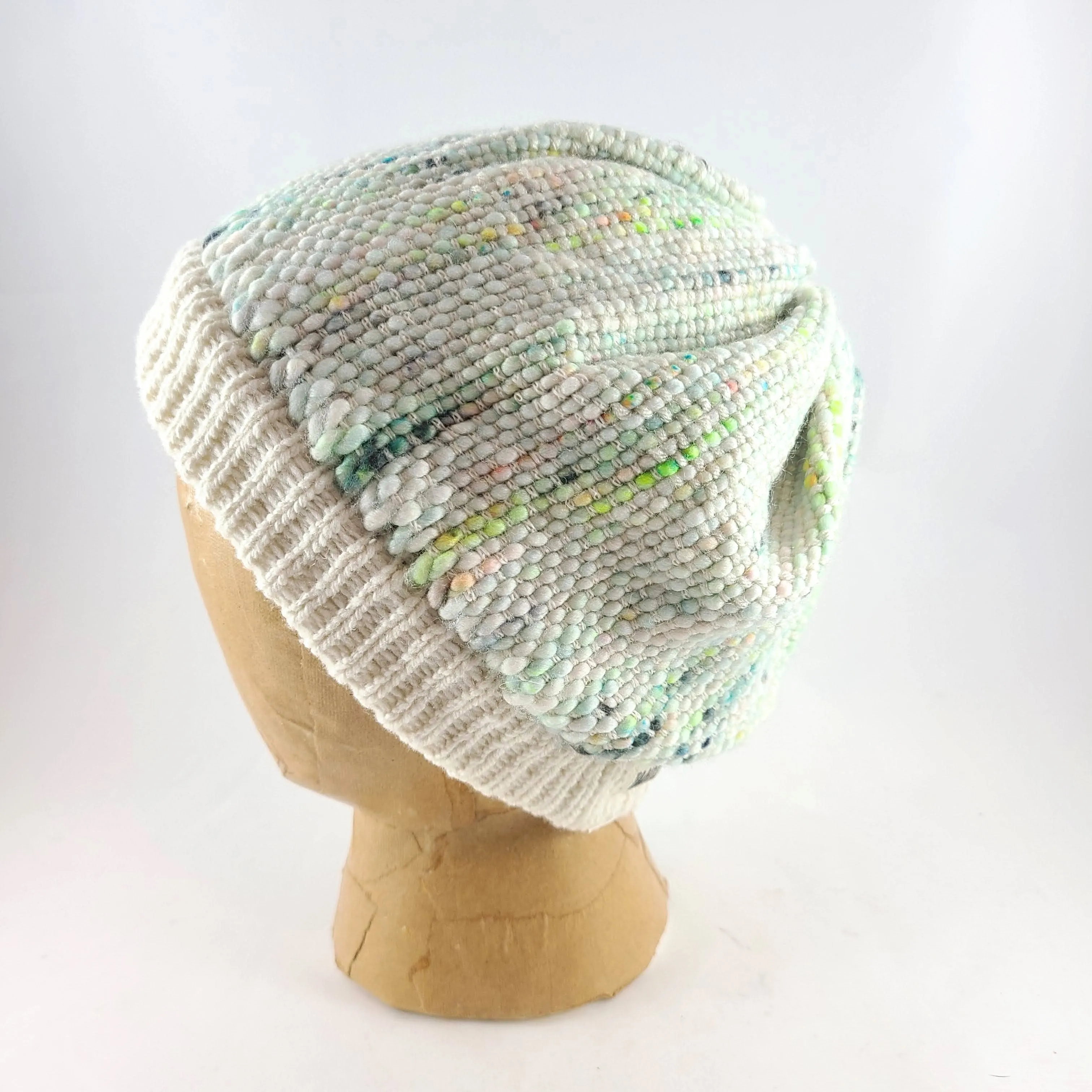 Woven Knit Hat, Ivory and Neon Cashmere Beanie