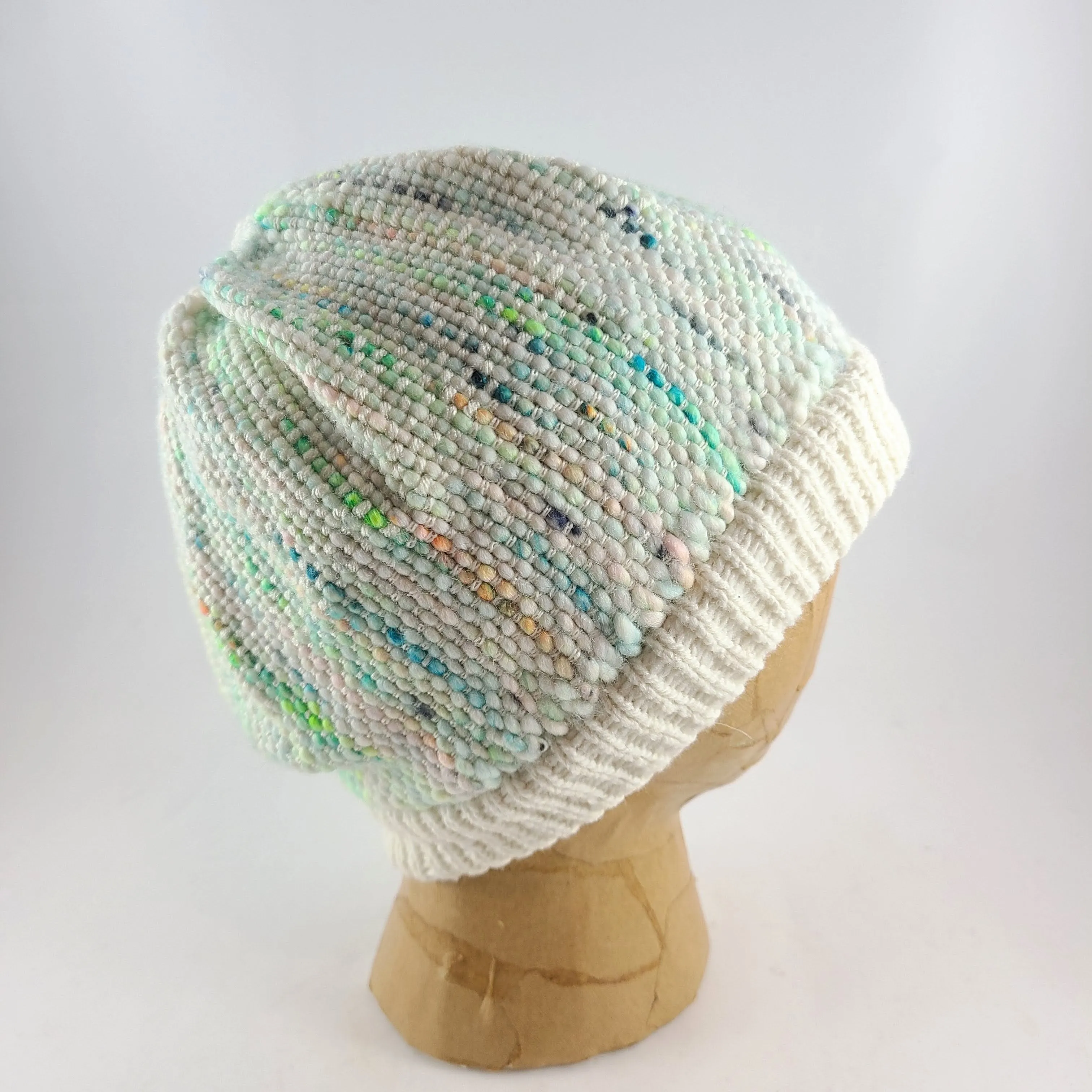 Woven Knit Hat, Ivory and Neon Cashmere Beanie