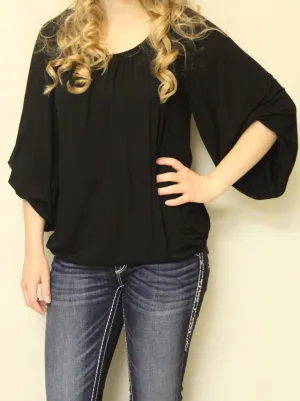 Yahada | Solid Brown 3/4 Bishop Sleeve Top Black