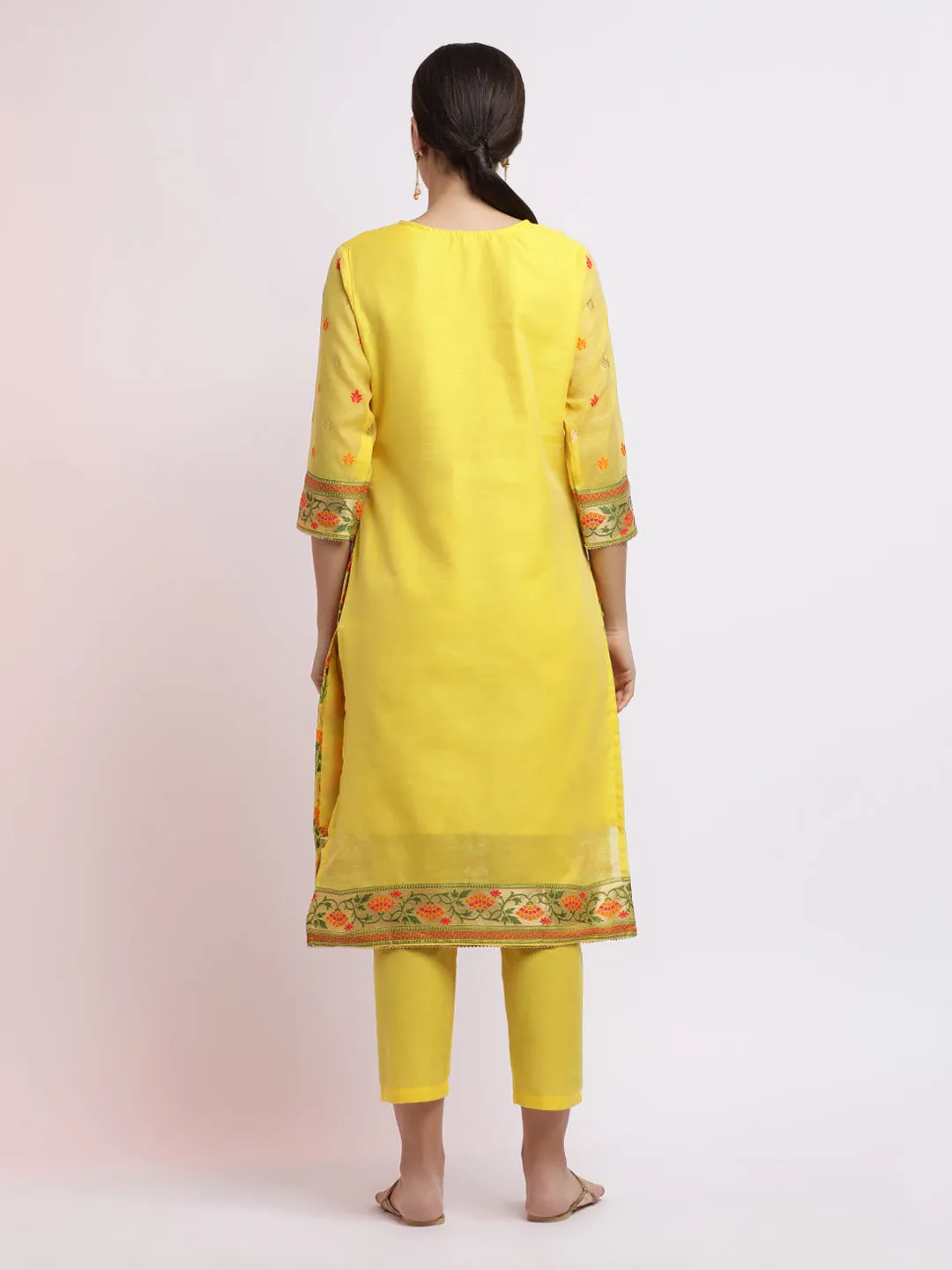 Yellow Woven Design Jacquard Kurta Set With Dupatta