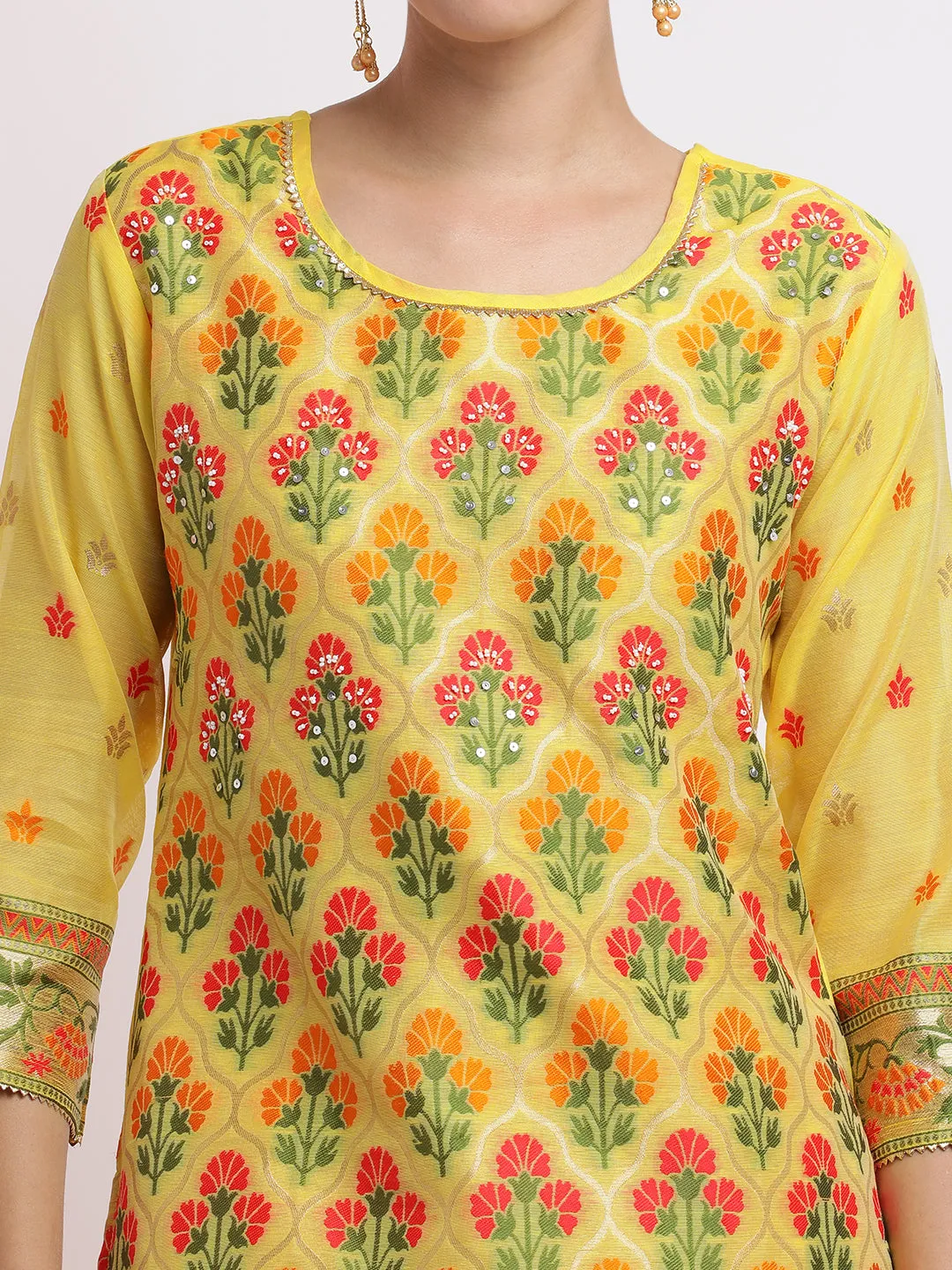 Yellow Woven Design Jacquard Kurta Set With Dupatta